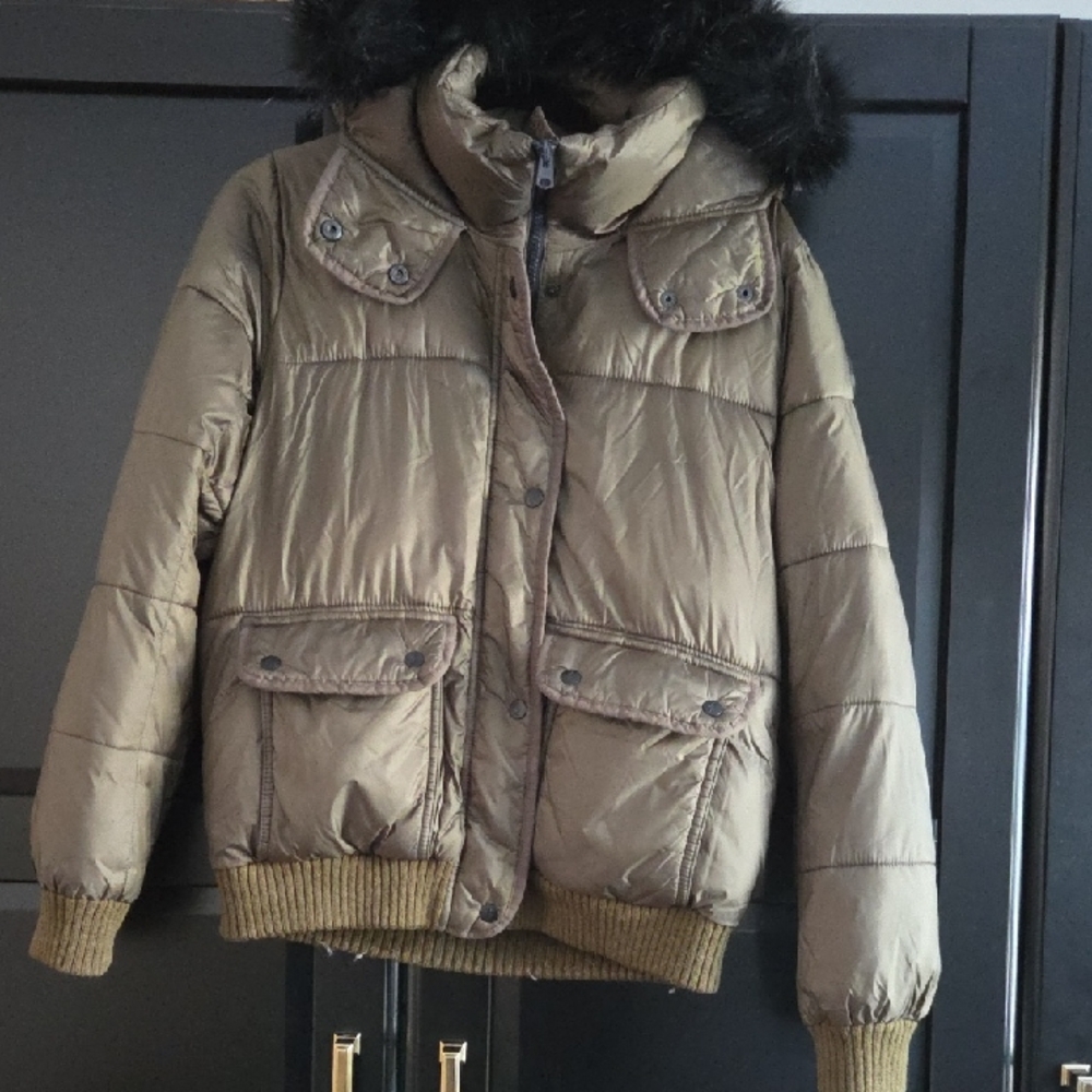 Abercrombie & Fitch Olive Puffer Jacket with Faux Fur Hood